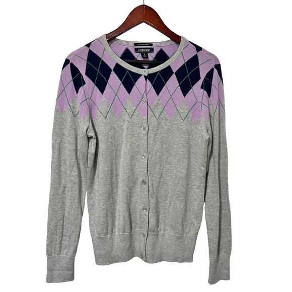 Lands End Womens Classic Gray Heather Argyle Sweater Size S Supima Cotton NWOT - Picture 1 of 6